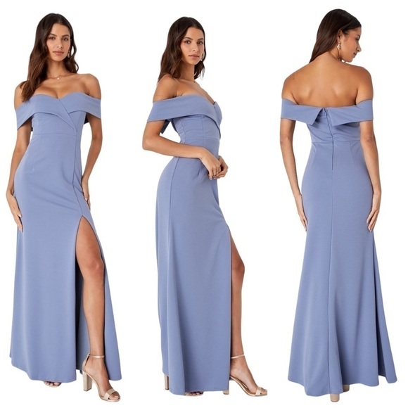 LULU'S Regencycore Song of Love Blue Grey Off-the-Shoulder Maxi Dress Size XS